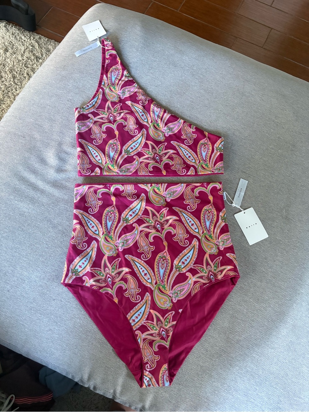 NWT Baiia One-Shoulder Paisley High-Waist Swim Bodysuit in Magenta
